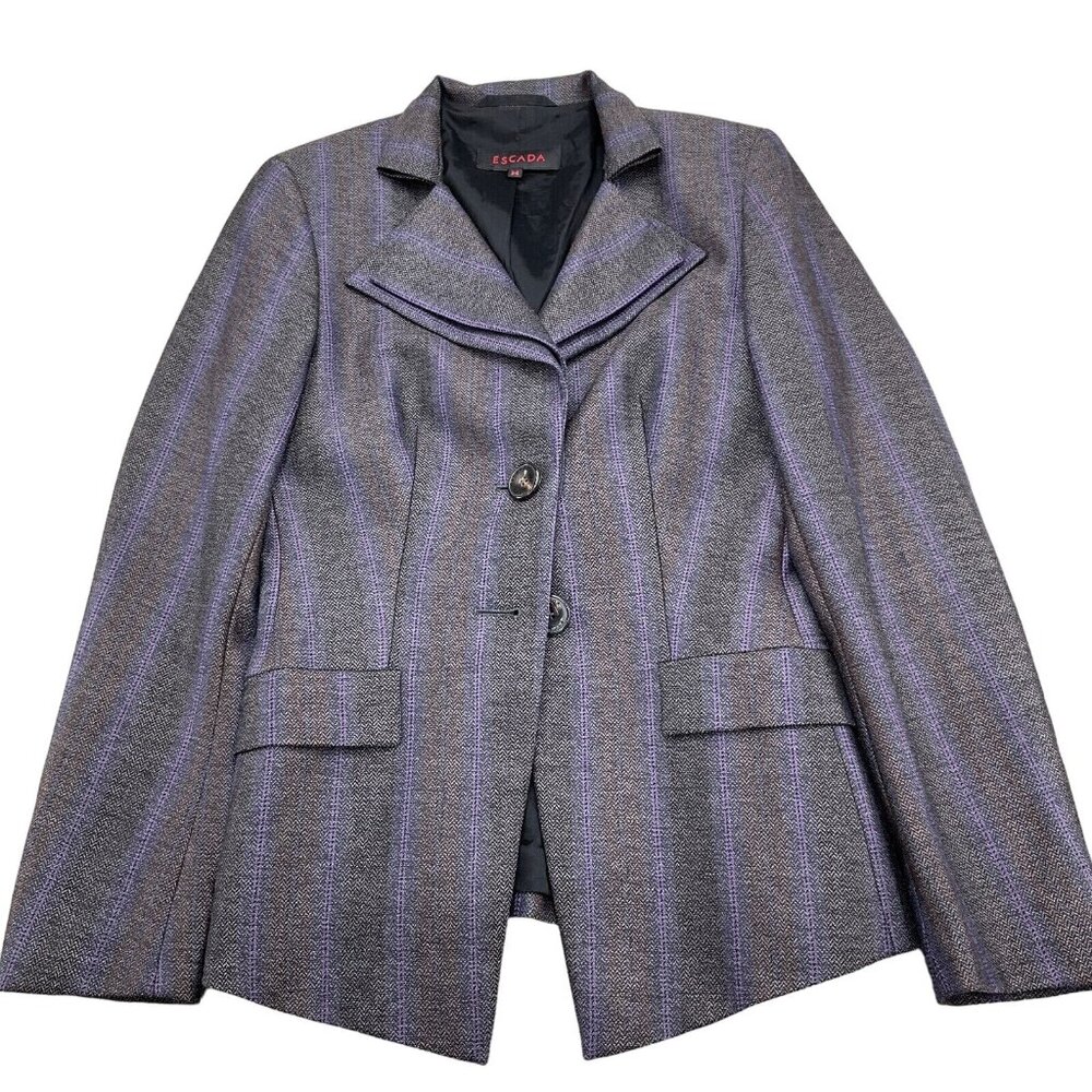 Escada Blazer Women 34‎ Gray Purple Stripe  Herringbone Layer Collar Classic
